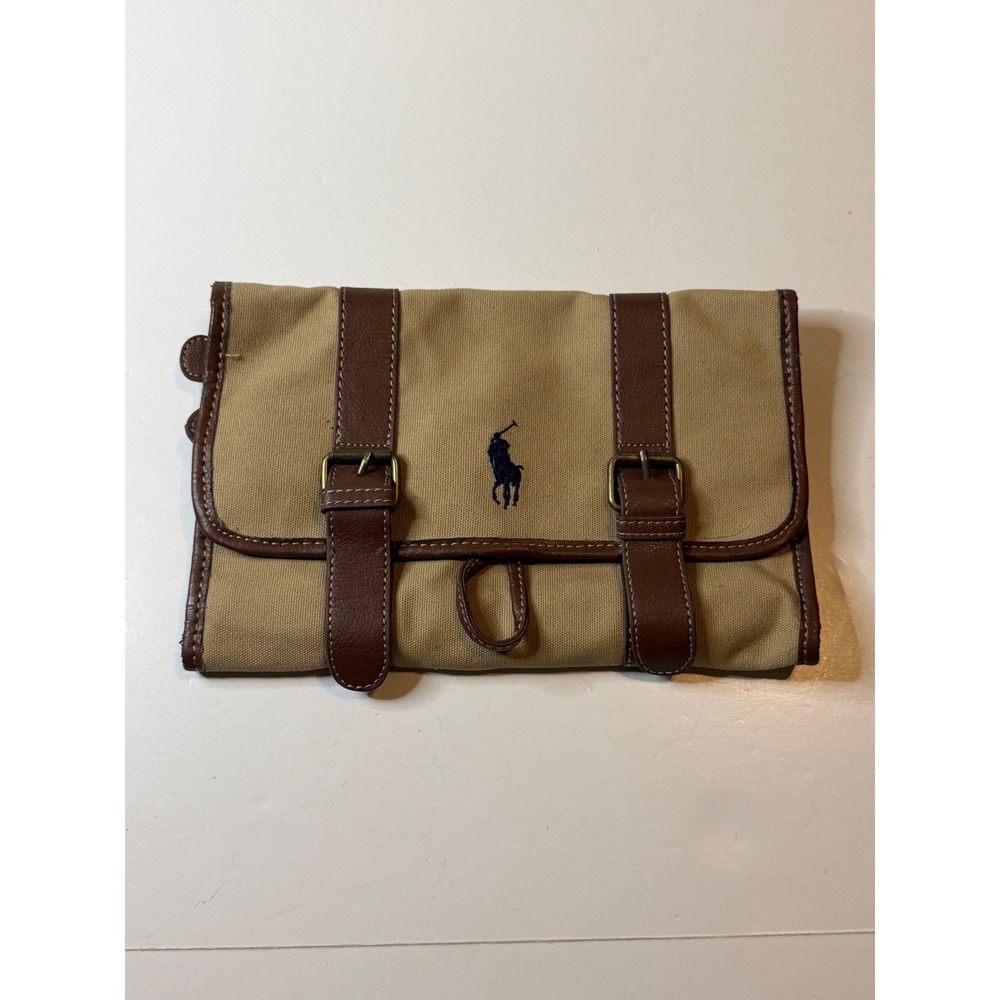 Polo Ralph Lauren Toiletry Bag Tan Canvas Brown Trim Travel Roll Organizer Mens